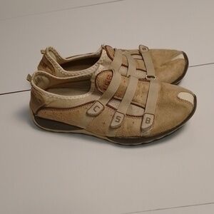 CSB velcro shoes size 7 faux suede material light breathable, beige, slip on